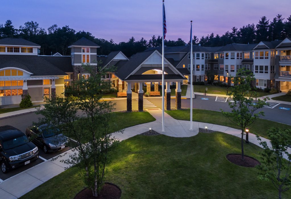 Exteriors from the Woods at RiverWoods Exeter in Exeter, New Hampshire.