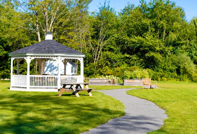 Picnic area and gazebo for outdoor activities at RiverWoods Exeter in Exeter, New Hampshire.