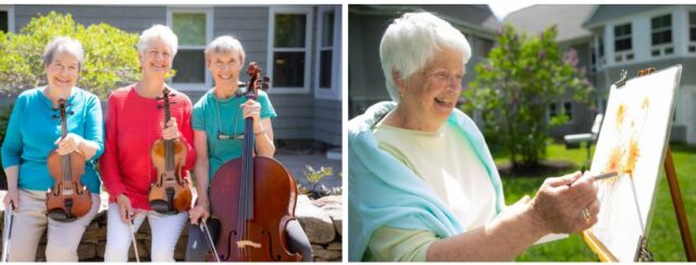 Members of RiverWoods music ensemble; artist painting outdoors at RiverWoods